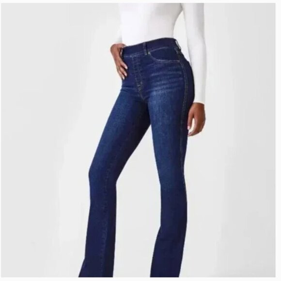 Spanx Women Flare Jeans Small Petite Midnight Shade Indigo Blue Boho Western NWT - Picture 1 of 11